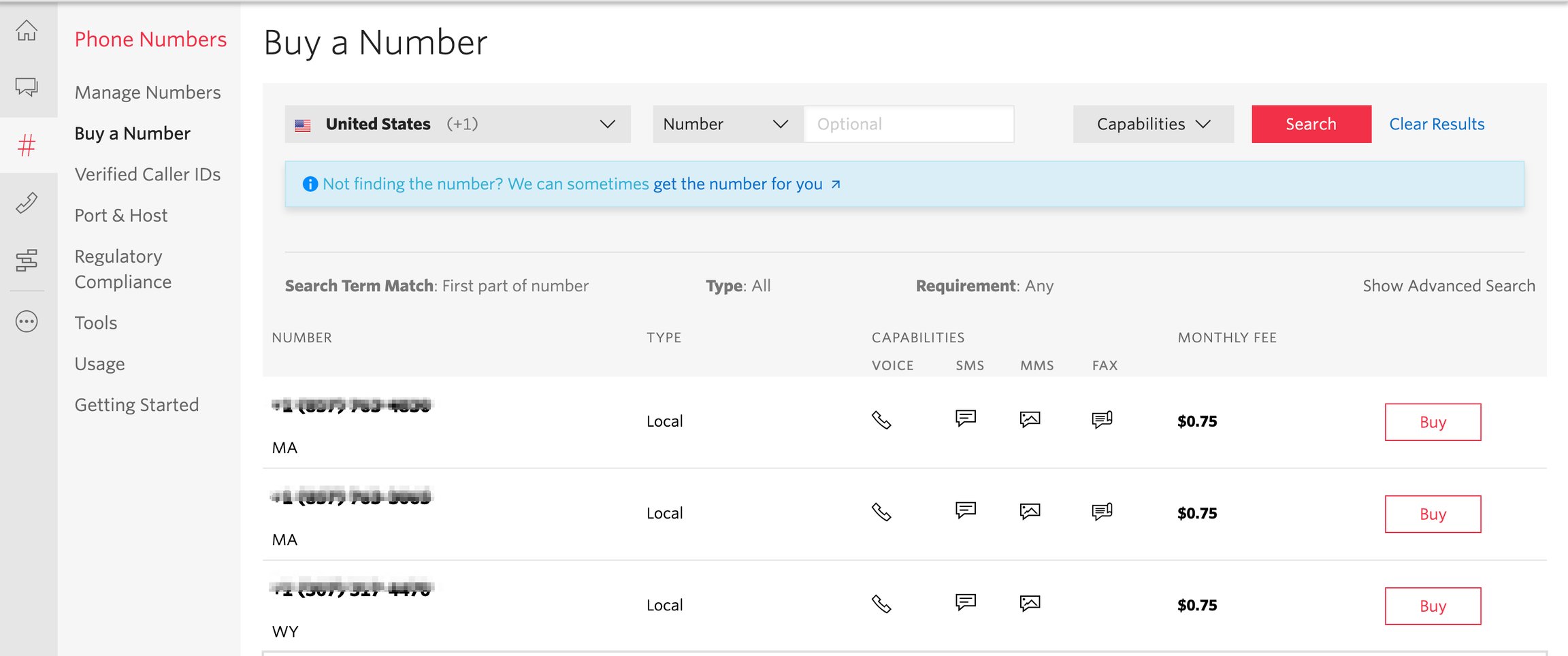 List of Twilio numbers. Click Buy to get one.