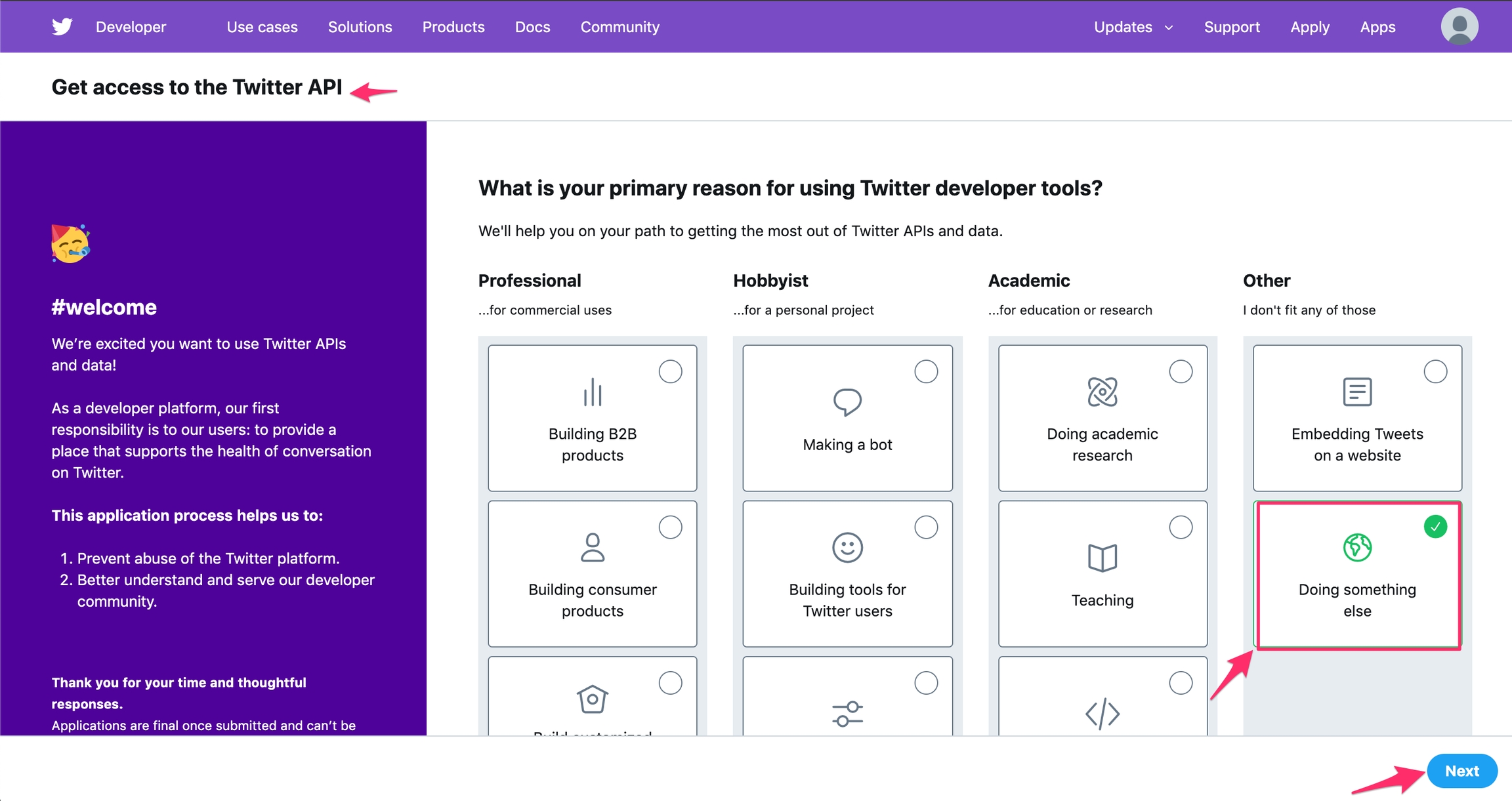 Pick the reason you need the twitter developer tools for