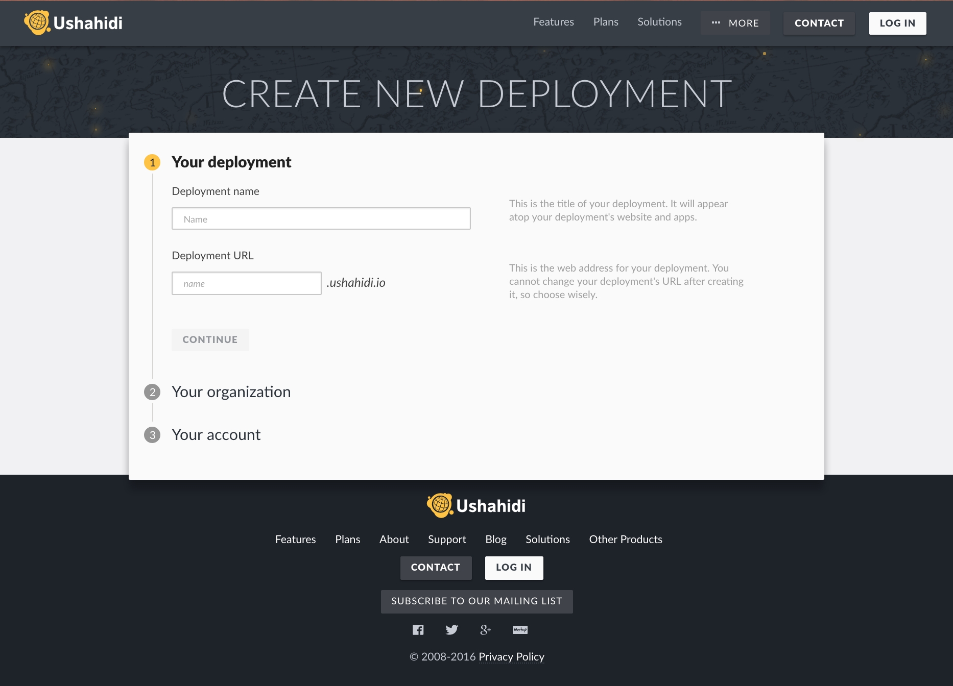 Deployment Creation Page at https://ushahidi.io/create showing a modal for filling the deployment details