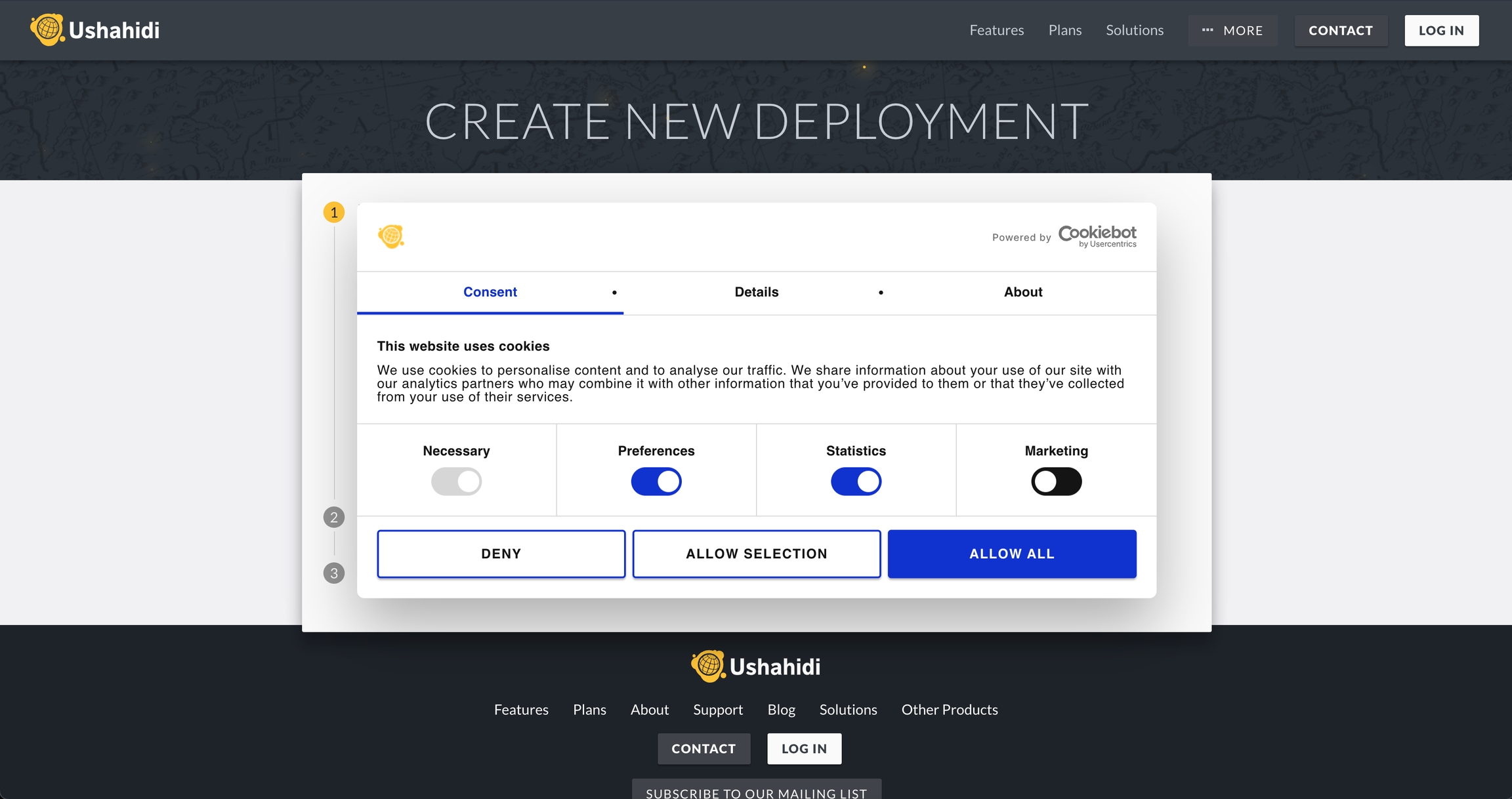 Create New Deployment Page showing a modal on how to manage cookies.