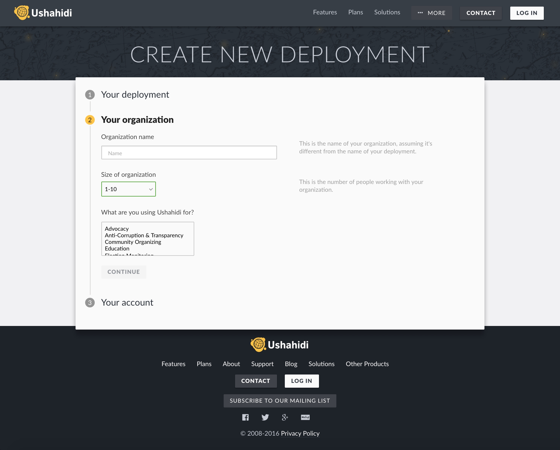 Deployment Creation Page showing a modal for filling out the deployment's organization details.