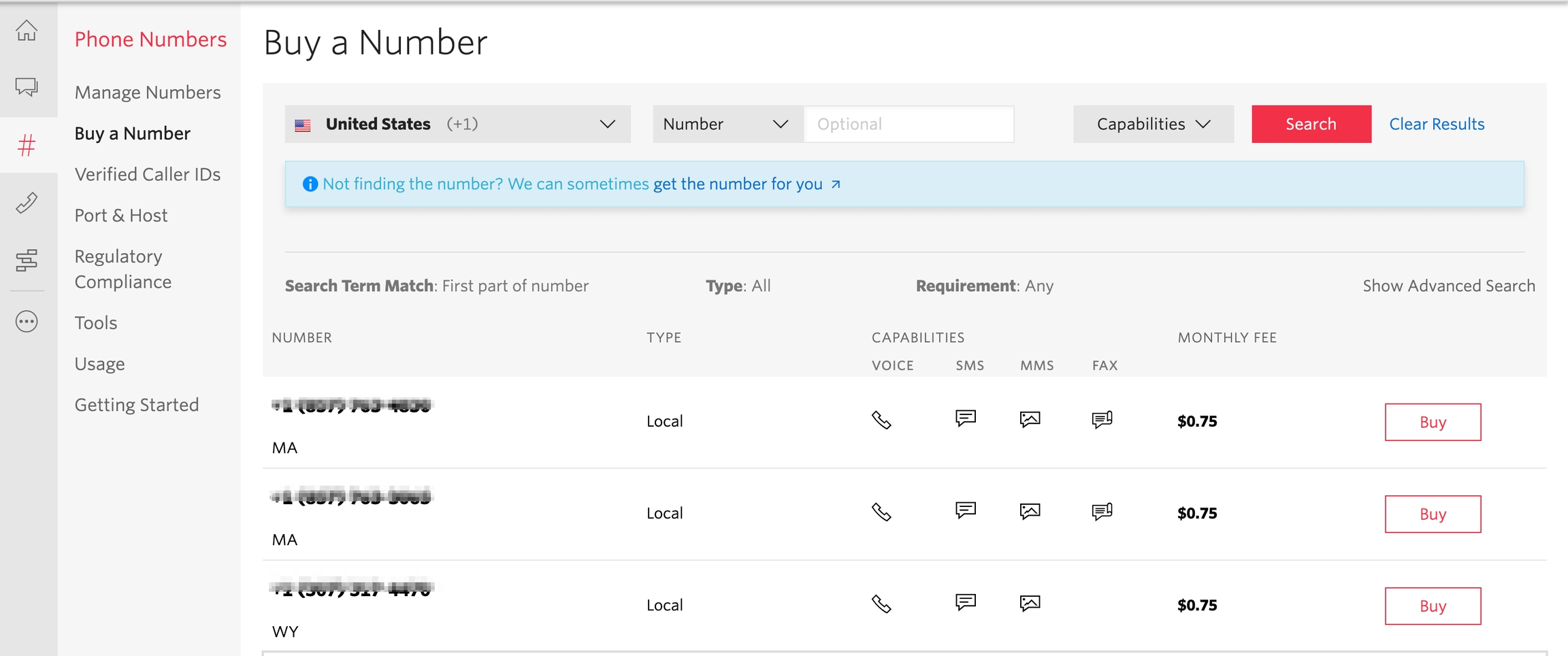 List of Twilio numbers. Click Buy to get one.