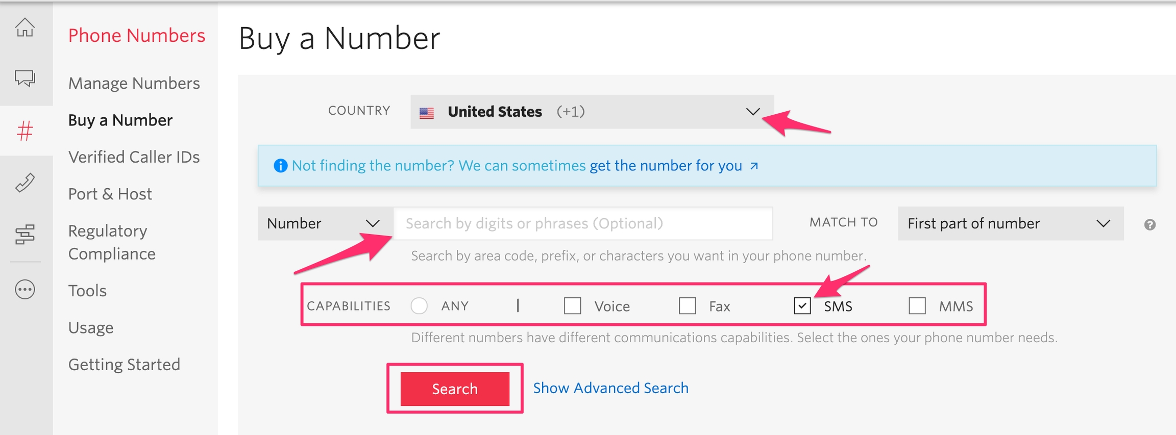 Setting up a Twilio number. Capabilities selected: SMS. Select your Country, and a number. Then hit the search button.