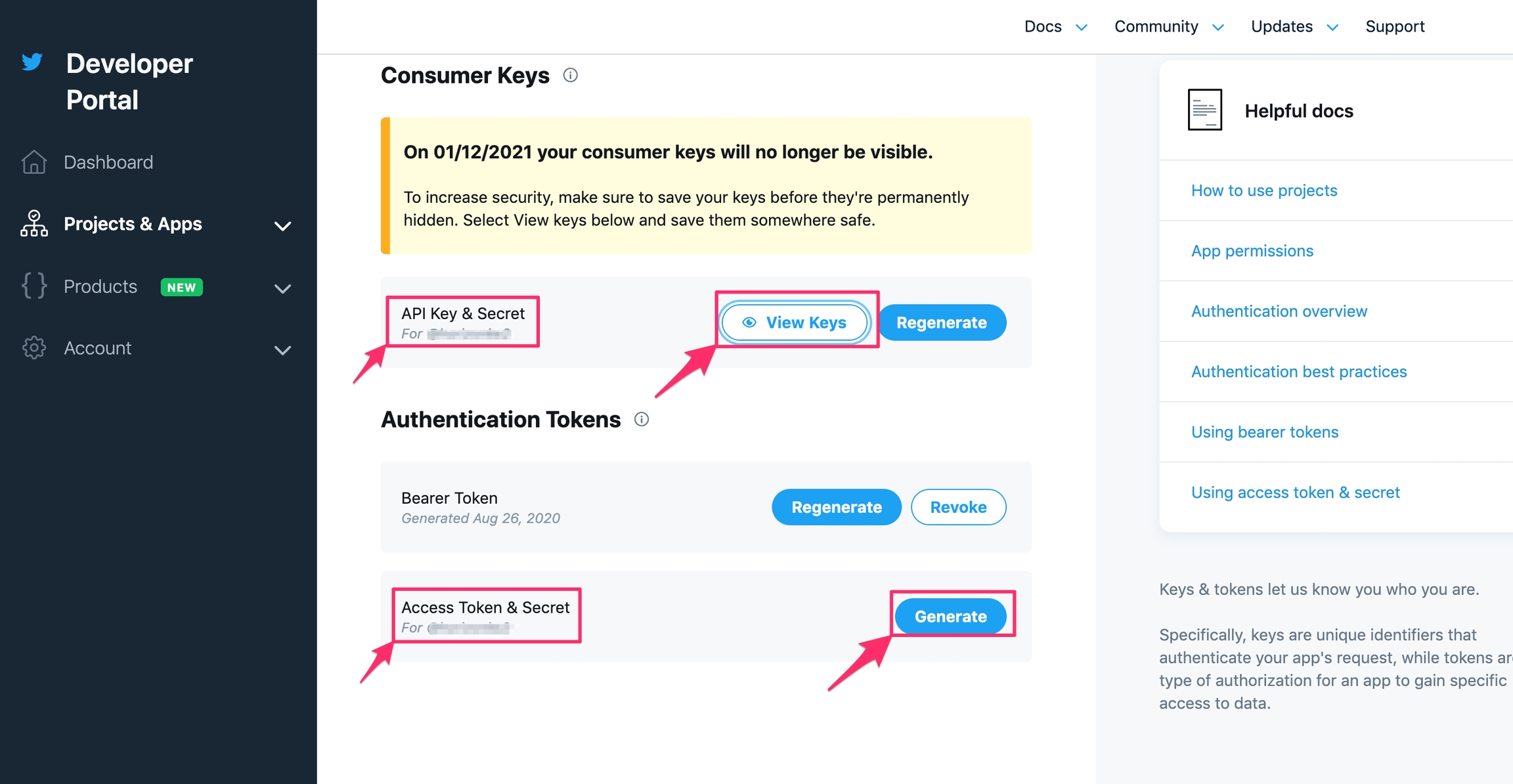 Grab your consumer access token & Secret and API key & Secret