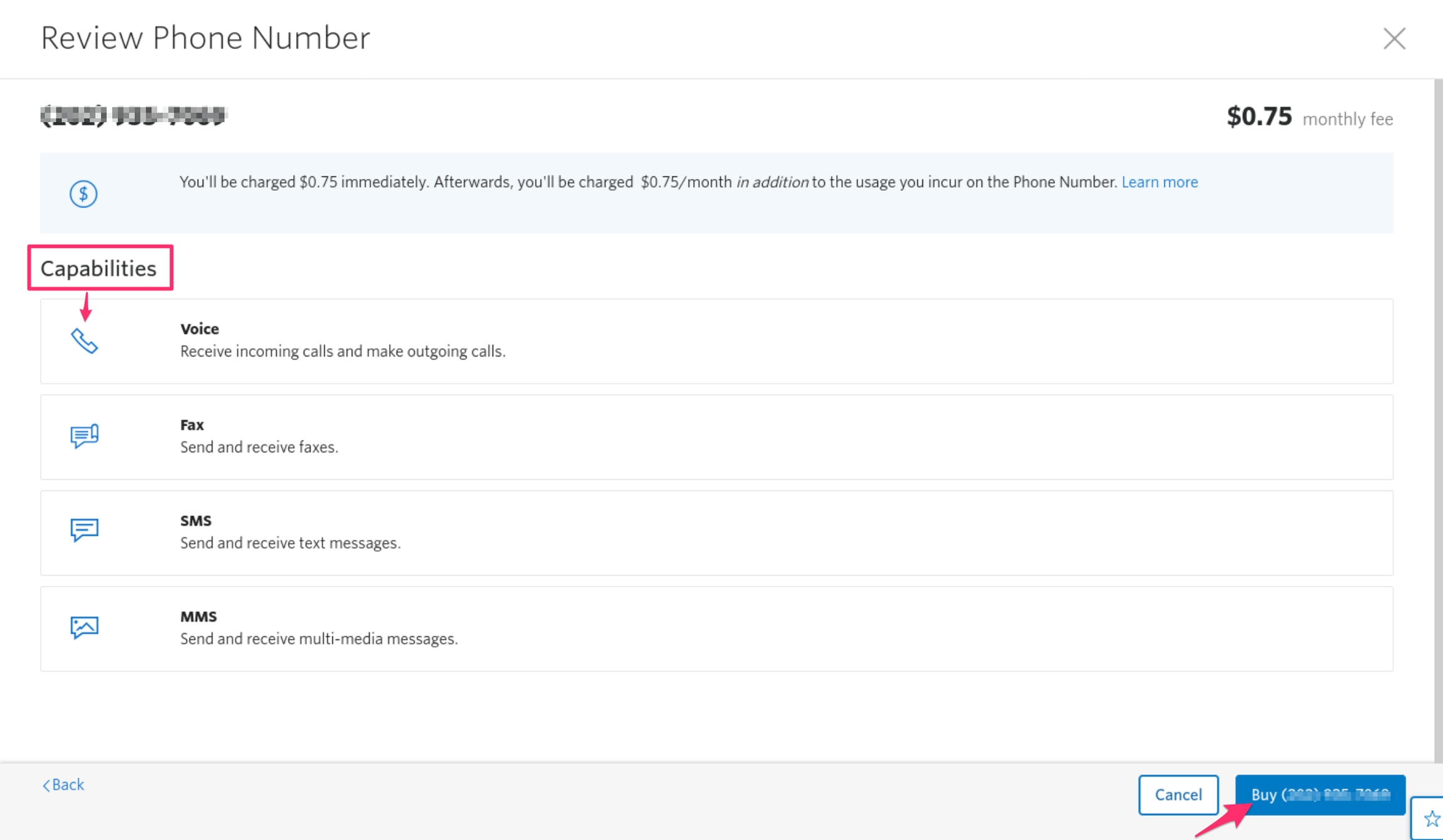Click the buy button purchase the number