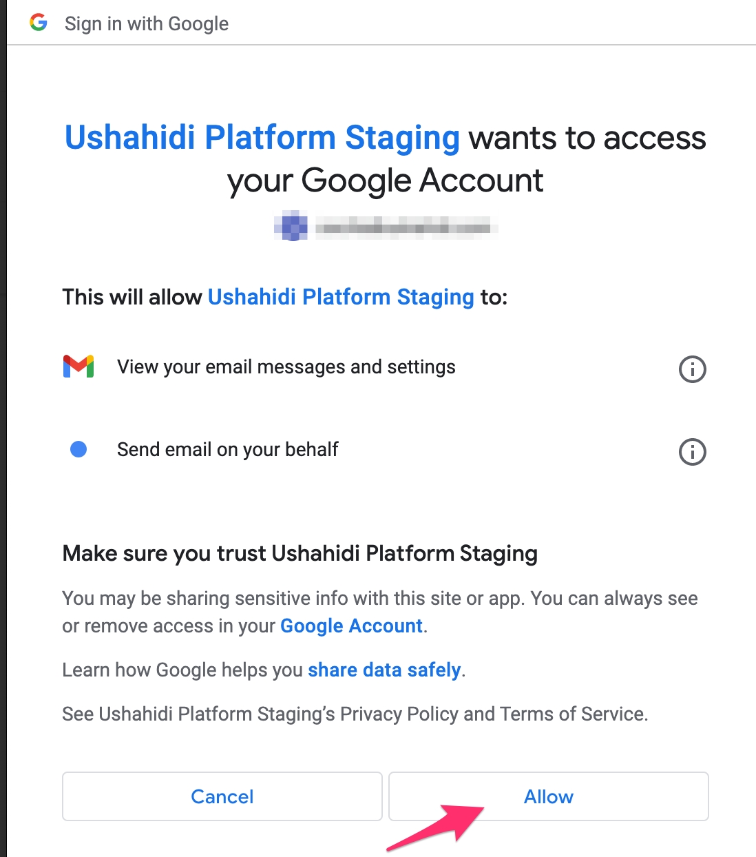 External Gmail Authentication Page - Red arrow pointing to allow for ushahidi to access google account