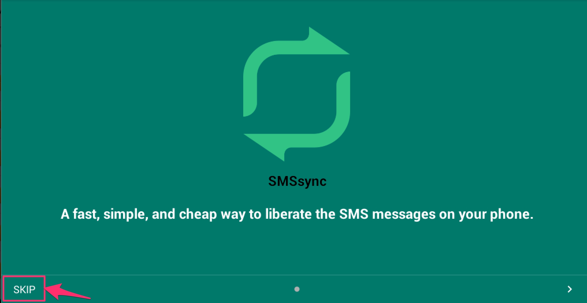 SMSsync interface - SKIP button highlighted