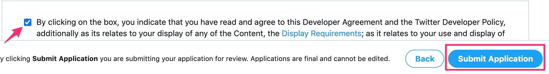 Submit ApplicationClick on developer agreements checkbox and then Submit Application button highlighted